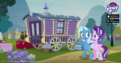 Size: 1200x630 | Tagged: safe, derpibooru import, starlight glimmer, trixie, pony, unicorn, road to friendship, bipedal, duo, gameloft, my little pony logo, official, ponyville, trixie's wagon