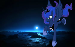 Size: 1600x1000 | Tagged: safe, artist:ponyfiedart, princess luna, alicorn, pony, moon, ocean, solo