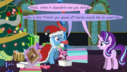 Size: 1280x720 | Tagged: safe, artist:evil-dec0y, derpibooru import, starlight glimmer, trixie, pony, comic:trixie vs., comic:trixie vs. hearth's warming, christmas, christmas tree, clothes, costume, hat, holiday, santa costume, santa hat, tree