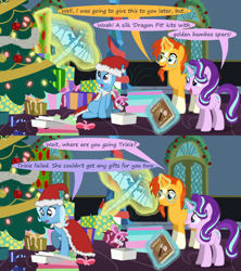 Size: 1280x1440 | Tagged: safe, artist:evil-dec0y, derpibooru import, starlight glimmer, sunburst, trixie, pony, comic:trixie vs., christmas, christmas tree, clothes, costume, hat, holiday, santa costume, santa hat, tree