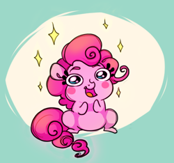 Size: 478x448 | Tagged: safe, artist:yukihyo, pinkie pie, earth pony, pony, chibi, cute, happy, looking at you, open mouth, smiling, solo, sparkles