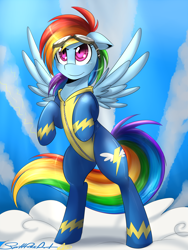 Size: 1600x2133 | Tagged: safe, artist:spittfireart, rainbow dash, pegasus, pony, clothes, cloud, confident, confidentially cute, cute, goggles, hilarious in hindsight, pink eyes, solo, uniform, wings, wonderbolts, wonderbolts uniform