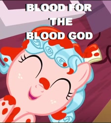 Size: 531x589 | Tagged: safe, edit, edited screencap, screencap, cozy glow, pegasus, pony, marks for effort, blood for the blood god, chaos, cozybetes, cropped, cute, eyes closed, female, filly, funny, funny as hell, image macro, implied blood, khorne, meme, paint, smiling, solo, text, warhammer (game), warhammer 40k