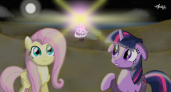 Size: 3840x2064 | Tagged: safe, artist:apollobroda, derpibooru import, fluttershy, twilight sparkle, parasprite, pegasus, pony, trollface