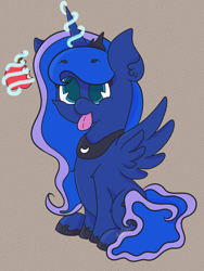 Size: 720x960 | Tagged: safe, artist:hedgehog-plant, princess luna, alicorn, pony, :p, apple, cute, ear fluff, female, fluffy, food, levitation, magic, mare, sitting, solo, spread wings, telekinesis, tongue out