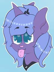 Size: 720x960 | Tagged: safe, artist:hedgehog-plant, princess luna, alicorn, pony, bust, female, mare, portrait, s1 luna, simple background, solo, tongue out