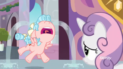 Size: 1920x1080 | Tagged: safe, screencap, cozy glow, sweetie belle, pegasus, pony, unicorn, marks for effort, bow, crying, duo, female, filly, hair bow, nose in the air, ocular gushers, open mouth, tail bow, tears standing, volumetric mouth