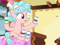 Size: 1275x967 | Tagged: safe, screencap, cozy glow, pegasus, pony, marks for effort, cans, cropped, female, filly, food, offscreen character, solo, sprinkles, tongue out