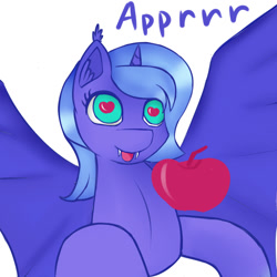 Size: 1000x1000 | Tagged: safe, artist:chapaevv, princess luna, bat pony, pony, apple, apple eyes, filly, food, lunabat, race swap, solo, wingding eyes, woona