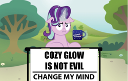 Size: 800x511 | Tagged: safe, artist:aleximusprime, starlight glimmer, pony, unicorn, marks for effort, bush, change my mind, coffee mug, crossing the memes, empathy cocoa, exploitable meme, female, flower, glowing horn, hilarious in hindsight, horn, i mean i see, image macro, levitation, magic, mare, meme, mug, mugclub, multicolored mane, pink coat, sign, signature, sitting, solo, steven crowder, table, telekinesis, text, tree