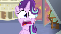 Size: 1920x1080 | Tagged: safe, screencap, cozy glow, starlight glimmer, pegasus, pony, marks for effort, discovery family logo, faic, offscreen character, reaction image, solo focus, surprised