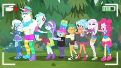 Size: 1336x752 | Tagged: safe, derpibooru import, screencap, aqua blossom, bulk biceps, fleur-de-lis, frosty orange, lyra heartstrings, pinkie pie, snails, snips, trixie, better together, equestria girls, five lines you need to stand in, background human, bathroom line, butt touch, clothes, conga, conga line, converse, eyes closed, female, hand on butt, hat, male, pants, pantyhose, shoes, shorts, skirt, sneakers