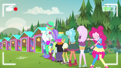 Size: 1920x1080 | Tagged: safe, derpibooru import, screencap, aqua blossom, bulk biceps, fleur-de-lis, frosty orange, lyra heartstrings, pinkie pie, snails, snips, trixie, better together, equestria girls, five lines you need to stand in, background human, bathroom line, clothes, converse, covering crotch, desperation, female, hat, male, need to pee, omorashi, outhouse, pants, pantyhose, potty dance, potty emergency, potty time, shoes, shorts, skirt, sneakers