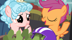 Size: 1600x900 | Tagged: safe, screencap, cozy glow, scootaloo, pegasus, pony, marks for effort, cozybetes, cute, female, filly, food, pear