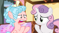 Size: 1600x900 | Tagged: safe, screencap, cozy glow, sweetie belle, pegasus, pony, marks for effort, annoyed, confuzy glow, cozy glow is best facemaker, cozy glow is not amused, faic, female, filly, foal