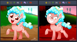 Size: 1280x701 | Tagged: safe, artist:the-butch-x, cozy glow, pegasus, pony, marks for effort, cozy glow is best facemaker, crazy glow, derpibooru, evil grin, female, filly, foal, freckles, grin, juxtaposition, meta, raised hoof, signature, smiling, solo