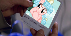 Size: 720x368 | Tagged: safe, cozy glow, pegasus, pony, marks for effort, 13 reasons why, bow, cropped, don't believe her lies, exploitable meme, female, filly, hair bow, irl, meme, memento, photo, polaroid, pure concentrated unfiltered evil of the utmost potency, pure unfiltered evil, tail bow