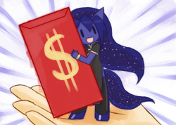 Size: 1209x860 | Tagged: safe, artist:howxu, princess luna, anthro, unguligrade anthro, chibi, chinese new year, hand, howxu's handling, red envelope, solo