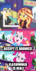 Size: 500x994 | Tagged: safe, derpibooru import, edit, edited screencap, screencap, flash sentry, ginger owlseye, pinkie pie, sunset shimmer, thunderbass, trixie, equestria girls, equestria girls series, five lines you need to stand in, spoiler:eqg series (season 2), drama, drama bait, female, flash sentry drama, flashimmer, male, meme, op is a cuck, op is trying to start shit, shipping, shipping fuel, straight, text, trolling