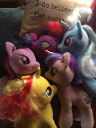 Size: 2448x3264 | Tagged: safe, artist:ejlightning007arts, derpibooru import, starlight glimmer, sunset shimmer, tempest shadow, trixie, twilight sparkle, pony, build-a-bear, cute, female, group snuggles, lesbian, photo, plushie, shipping, snuggling, sunsetsparkle, tempestlight, twilight sparkle gets all the mares, twistarlight, twixie
