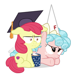 Size: 900x900 | Tagged: safe, artist:dm29, apple bloom, cozy glow, earth pony, pegasus, pony, marks for effort, :i, chocolate, cutie mark, dunce hat, duo, duo female, empathy cocoa, epic fail, fail, female, filly, floppy ears, food, graduation cap, hat, hot chocolate, i mean i see, mortarboard, simple background, the cmc's cutie marks, transparent background