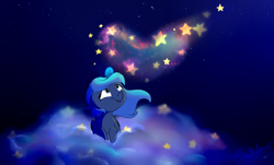 Size: 1024x618 | Tagged: safe, artist:rutkotka, princess luna, alicorn, pony, cloud, heart, magic, night, prone, solo, stars