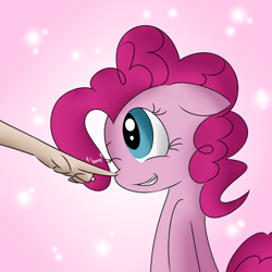 Size: 1600x1600 | Tagged: dead source, safe, artist:phon-e, pinkie pie, human, boop, hand, solo