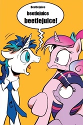 Size: 365x549 | Tagged: safe, princess cadance, shining armor, twilight sparkle, alicorn, pony, unicorn, spoiler:comic, beetlejuice, exploitable meme, meme, reference, screaming armor