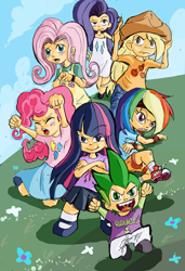 Size: 580x849 | Tagged: safe, artist:akimaye, derpibooru import, applejack, fluttershy, pinkie pie, rainbow dash, rarity, spike, twilight sparkle, clothes, converse, dress, humanized, mane seven, mane six, shoes, skirt