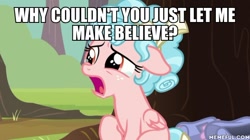 Size: 600x337 | Tagged: safe, edit, edited screencap, screencap, cozy glow, pegasus, pony, marks for effort, baby doll, batman the animated series, bronybait, crying, daydream, dream, female, filly, grass, image macro, imagination, meme, sad, solo, tree