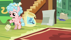 Size: 1280x720 | Tagged: safe, screencap, cozy glow, pegasus, pony, marks for effort, bipedal, bird seed, broom, female, filly, fluttershy's cottage, solo, spread wings, sweeping, wings