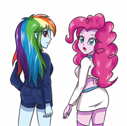 Size: 3507x3472 | Tagged: safe, artist:sumin6301, pinkie pie, rainbow dash, equestria girls, ass, clothes, duo, looking at you, looking back, midriff, miniskirt, open mouth, rainbutt dash, shorts, skirt, socks, thigh highs, thighs, tube skirt, zettai ryouiki