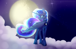 Size: 2505x1605 | Tagged: safe, artist:mp-printer, princess luna, alicorn, pony, cloud, crepuscular rays, female, mare, moon, night, solo, unshorn fetlocks