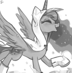 Size: 499x501 | Tagged: safe, artist:ehfa, princess luna, alicorn, pony, eyes closed, female, grayscale, laughing, mare, monochrome, raincoat, simple background, solo, white background