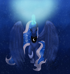 Size: 1024x1078 | Tagged: safe, artist:northlights8, princess luna, alicorn, pony, eyes closed, magic, solo, spread wings