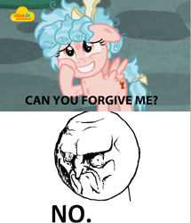 Size: 979x1140 | Tagged: safe, edit, edited screencap, screencap, cozy glow, pegasus, pony, school raze, cozybuse, female, filly, foal, meme, meme origin, nickelodeon, no, rage face