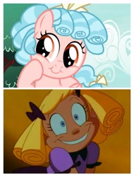 Size: 3106x4096 | Tagged: safe, edit, edited screencap, screencap, cozy glow, human, pegasus, pony, marks for effort, baby doll, batman the animated series, bow, comparison, cozybetes, cropped, cute, female, filly, foal, hair bow, ringlets, tail bow