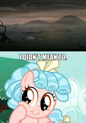 Size: 837x1192 | Tagged: safe, edit, edited screencap, screencap, cozy glow, pegasus, pony, marks for effort, the cutie re-mark, alternate timeline, ashlands timeline, baby doll, bad end, barren, batman the animated series, cozybetes, cute, female, filly, image macro, implied genocide, meme, post-apocalyptic, pure concentrated unfiltered evil of the utmost potency, pure unfiltered evil, she's evil, wasteland, yeah you did