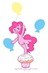 Size: 607x915 | Tagged: safe, artist:antiqueantoinette, pinkie pie, pony, cupcake, cute, cutie mark background, diapinkes, food, open mouth, pinkie pie's cutie mark, solo, standing, standing on one leg