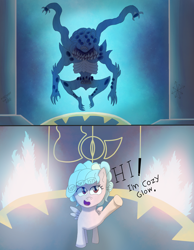 Size: 1700x2194 | Tagged: safe, artist:infinita est lux solis, cozy glow, pegasus, pony, 2 panel comic, chaos, comic, daemon, evil, fire, magic, text, this will end in chaos, this will end in death, this will end in demons, this will end in heresy, this will end in tears and/or death, tzeentch, warhammer (game), warhammer 40k, xk-class end-of-the-world scenario