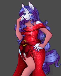 Size: 1040x1280 | Tagged: safe, artist:pastel-pony-pictures, rarity, anthro, unicorn, clothes, dress, female, gray background, hand on hip, looking at you, mare, nail polish, red dress, side slit, simple background, smiling, solo, stockings, thigh highs