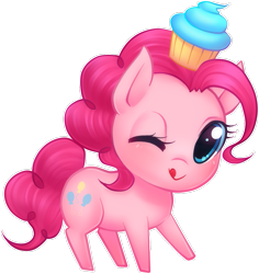 Size: 843x892 | Tagged: safe, artist:littlemissfawn, pinkie pie, earth pony, pony, chibi, cupcake, cute, diapinkes, female, food, licking, licking lips, looking at you, mare, one eye closed, simple background, smiling, solo, tongue out, transparent background, wink