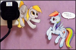 Size: 2292x1500 | Tagged: safe, artist:cindacry, derpy hooves, rainbow dash, pegasus, pony, duo, electrical outlet, female, flying, mare, paper child