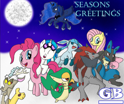 Size: 1684x1413 | Tagged: safe, artist:gigabowser, discord, dj pon-3, fluttershy, pinkie pie, princess luna, vinyl scratch, alicorn, earth pony, pegasus, pony, unicorn, artifact, christmas, glaceon, group shot, holiday, lucario, pokémon, snivy, snow, winter, zoroark