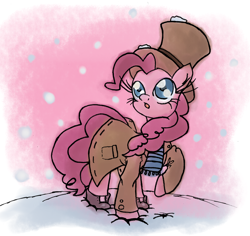 Size: 1806x1707 | Tagged: safe, artist:leadhooves, pinkie pie, earth pony, pony, clothes, hat, scarf, snow, snowfall, solo, top hat