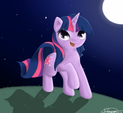 Size: 1367x1259 | Tagged: safe, artist:theparagon, derpibooru import, twilight sparkle, pony, unicorn, female, mare, moon, night, open mouth, raised hoof, solo, stars