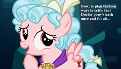 Size: 728x416 | Tagged: safe, edit, edited screencap, screencap, cozy glow, pegasus, pony, school raze, caption, cropped, doctor who, female, filly, implied doctor whooves, scheming, text, this will end in epic fail