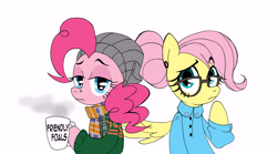 Size: 8422x4699 | Tagged: safe, artist:akikodestroyer, fluttershy, pinkie pie, earth pony, pegasus, pony, absurd resolution, bipedal, clothes, coffee, cup, female, flutterpie, glasses, hat, hipster, hipstershy, hoof hold, lesbian, looking at you, scarf, shipping, sweater, unamused