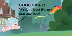 Size: 756x378 | Tagged: safe, edit, edited screencap, screencap, cozy glow, pegasus, pony, marks for effort, bush, charlie brown, cozy glow is not amused, cropped, female, filly, foal, kite, peanuts, text, town hall