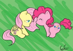 Size: 1521x1069 | Tagged: safe, artist:chiuuchiuu, fluttershy, pinkie pie, earth pony, pegasus, pony, female, flutterpie, lesbian, shipping